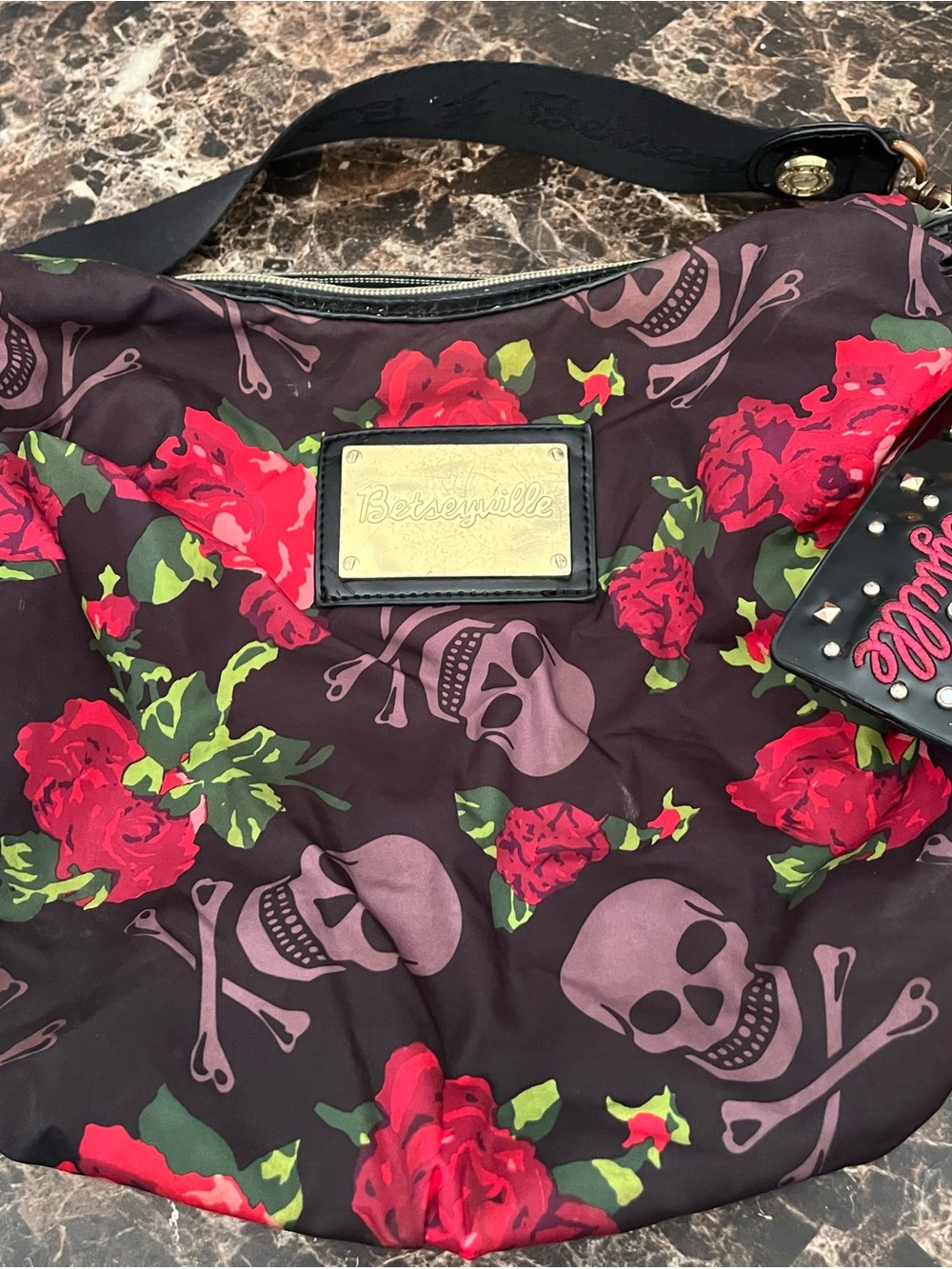 Betsey Johnson Black Shoulder Bag with Red Roses and Pink Skulls Betsyville